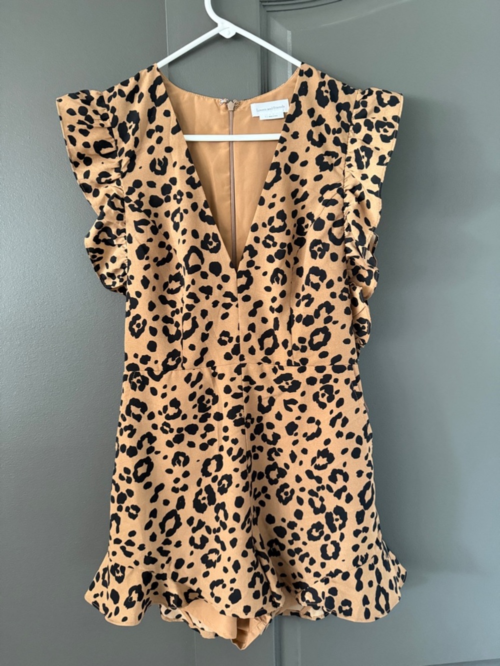 Lovers + Friends Tan and Black Leopard Print Ruffle Romper